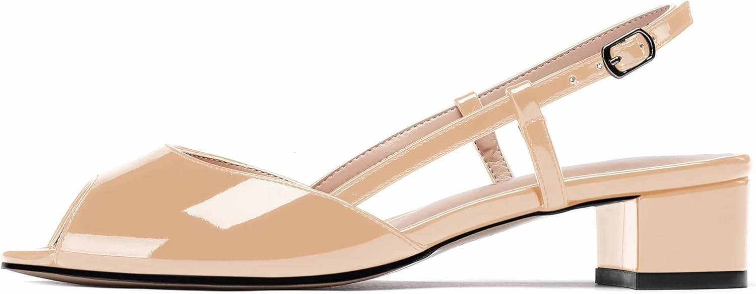 WAYDERNS Women's Slingback Patent Ankle Strap Peep Toe Chunky Low Heel Pumps Shoes 1.5 Inch