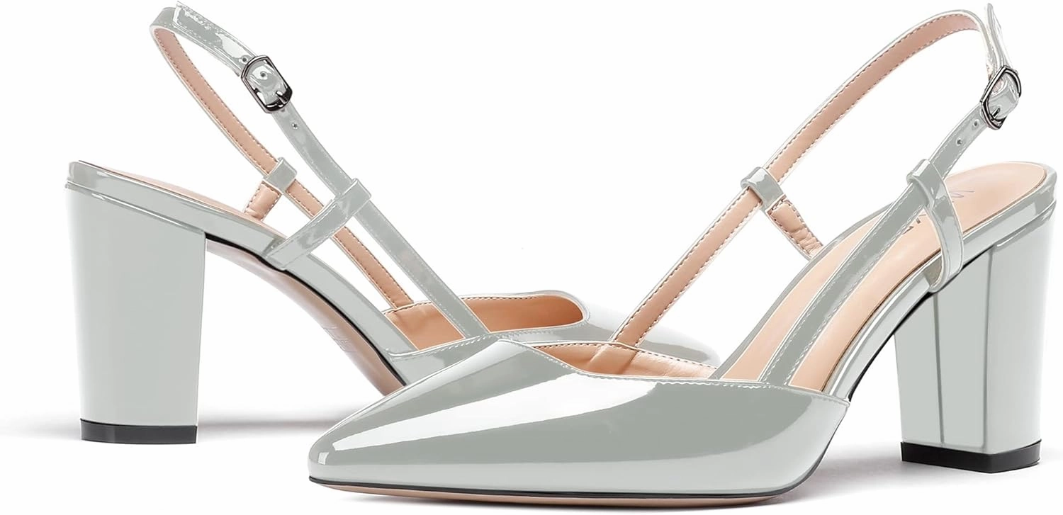 WAYDERNS Women's Slingback Pointed Toe Patent Ankle Strap Block High Heel Pumps Wedding Event Dress Shoes 3 Inch