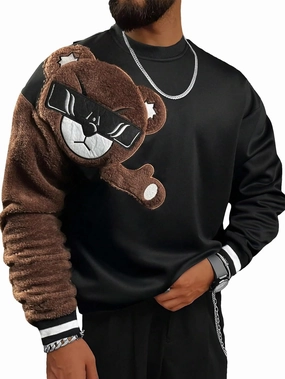WDIRARA Men's Bear Patched Drop Shoulder Sweatshirt Round Neck Long Sleeve Pullover Sweatshirts