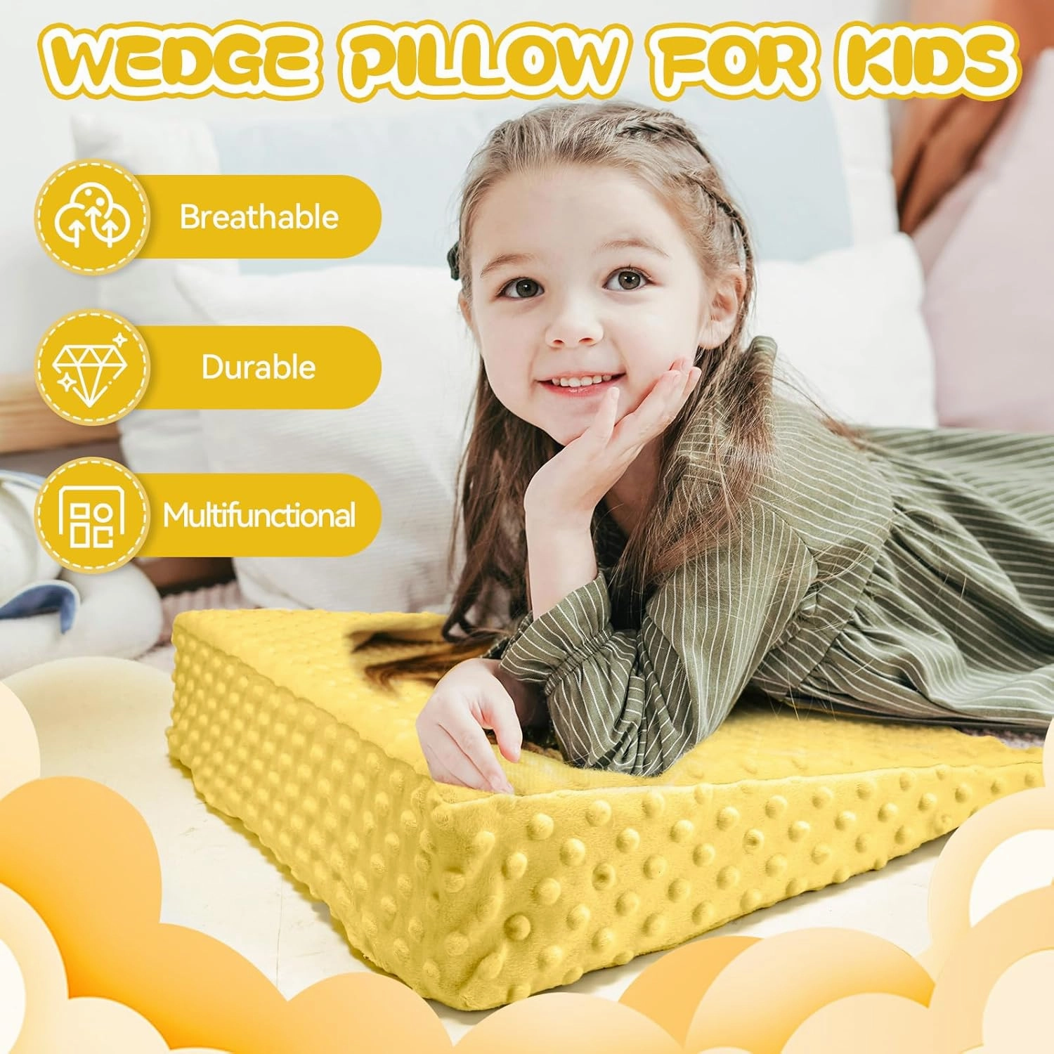 Wedge Pillow for Kids,Memory Foam for Back,Legs & Knees, Relaxation and Comfort, Soft and Breathable, Dot Texture Pillow for Reading Watching TV Gaming Sleeping, Fit for Sofa Floor Room