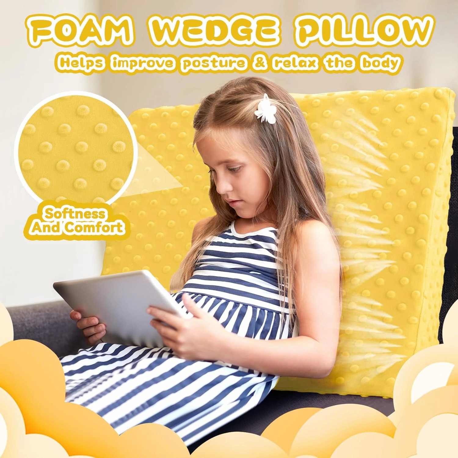 Wedge Pillow for Kids,Memory Foam for Back,Legs & Knees, Relaxation and Comfort, Soft and Breathable, Dot Texture Pillow for Reading Watching TV Gaming Sleeping, Fit for Sofa Floor Room