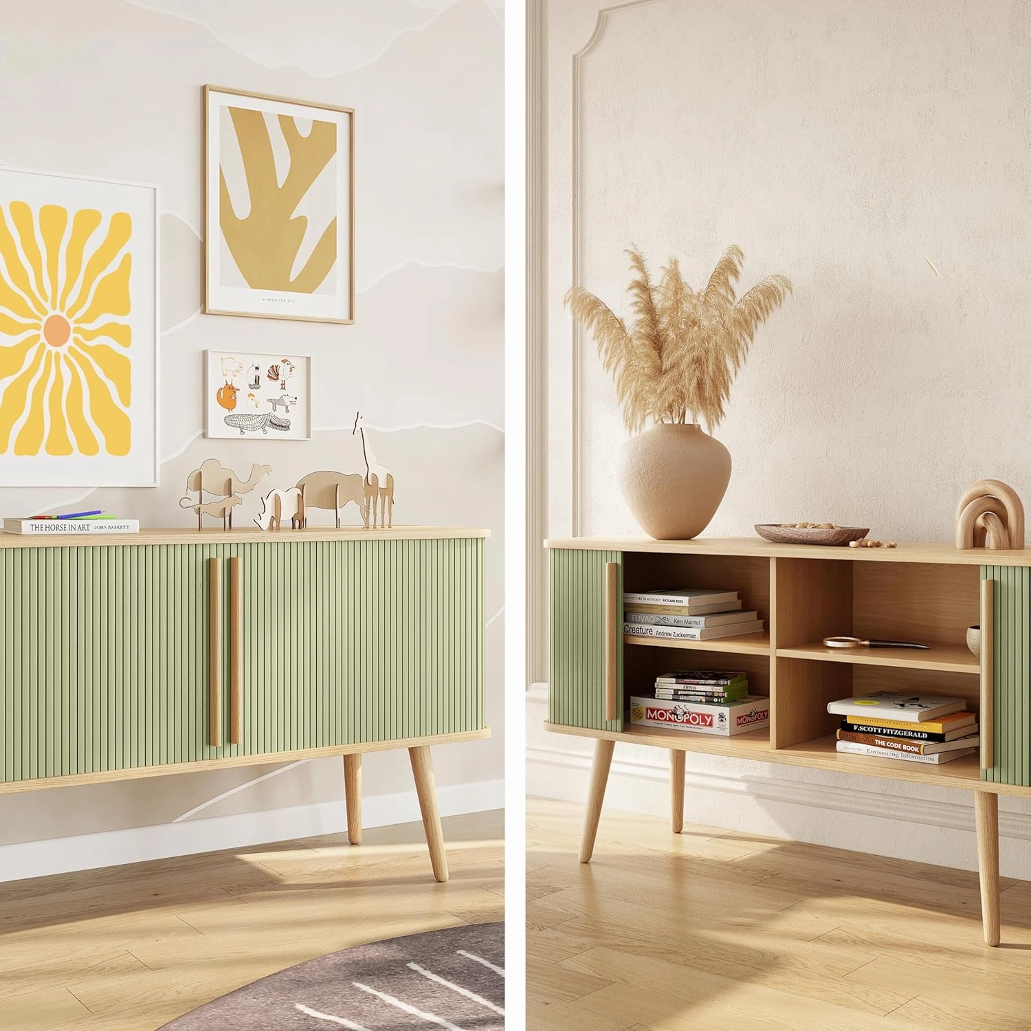WERMO 53'' Green Cabinet with Doors and Shelves - Green TV Stand, Modern Media Console Table with Storage, Buffet Sideboard Storage Accent Cabinet for Living Room, Office, Entryway and Bedroom (Oak)
