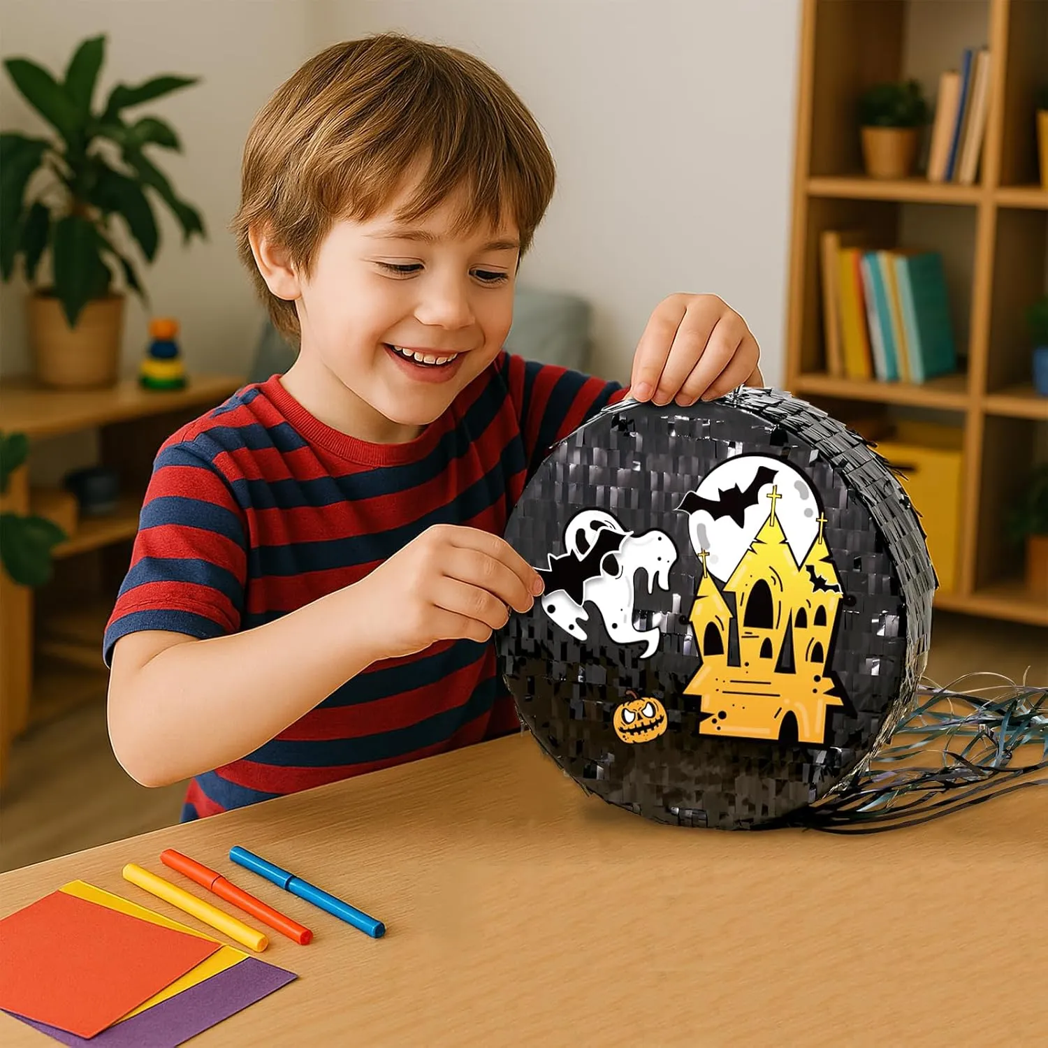 WERNNSAI Black Round Piñata for DIY - Shiny Black Moon Pinata for Kids DIY Birthday Party Disco Ball Decoration for Adult Night Party Supplies with Confetti Bat Blindfold, 12.2”x 12.2”