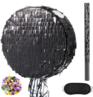 WERNNSAI Black Round Piñata for DIY - Shiny Black Moon Pinata for Kids DIY Birthday Party Disco Ball Decoration for Adult Night Party Supplies with Confetti Bat Blindfold, 12.2”x 12.2”