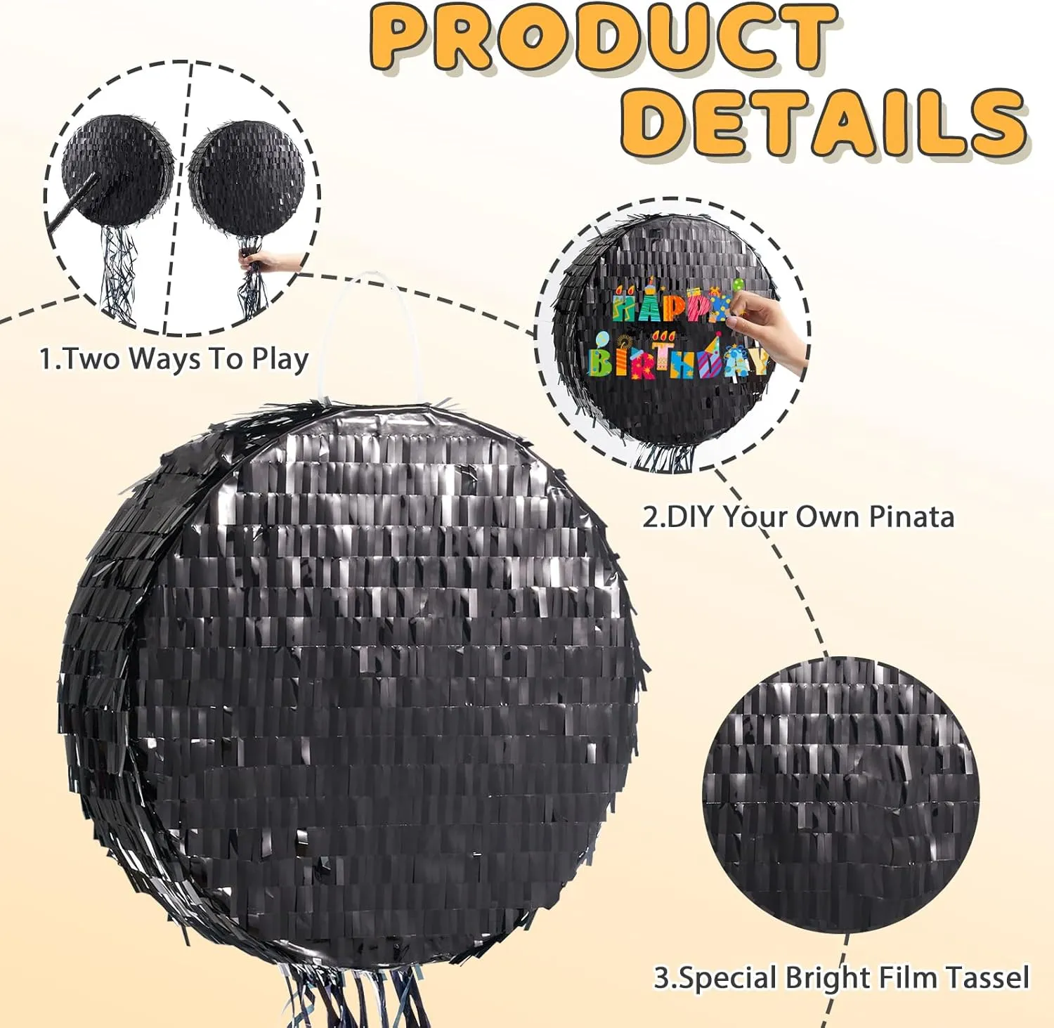WERNNSAI Black Round Piñata for DIY - Shiny Black Moon Pinata for Kids DIY Birthday Party Disco Ball Decoration for Adult Night Party Supplies with Confetti Bat Blindfold, 12.2”x 12.2”