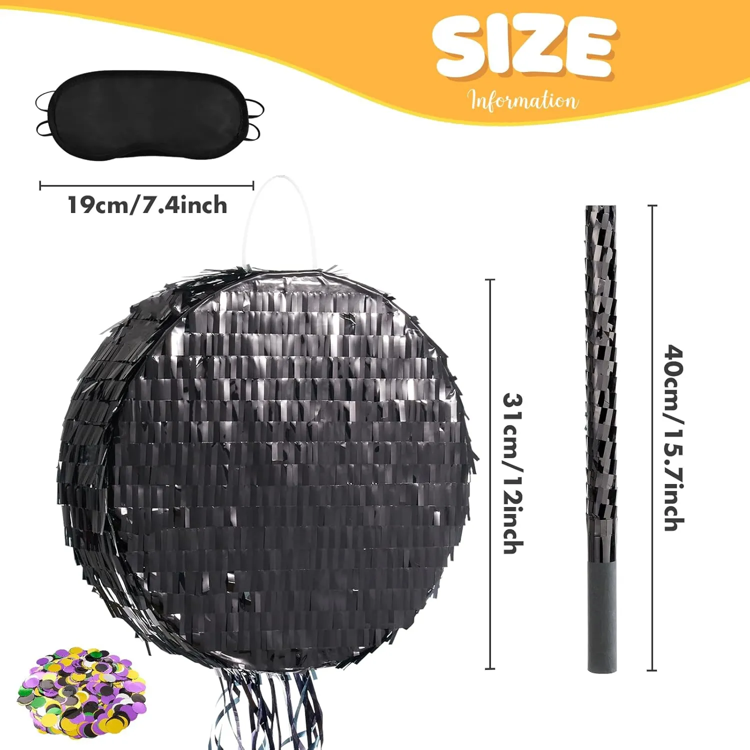 WERNNSAI Black Round Piñata for DIY - Shiny Black Moon Pinata for Kids DIY Birthday Party Disco Ball Decoration for Adult Night Party Supplies with Confetti Bat Blindfold, 12.2”x 12.2”