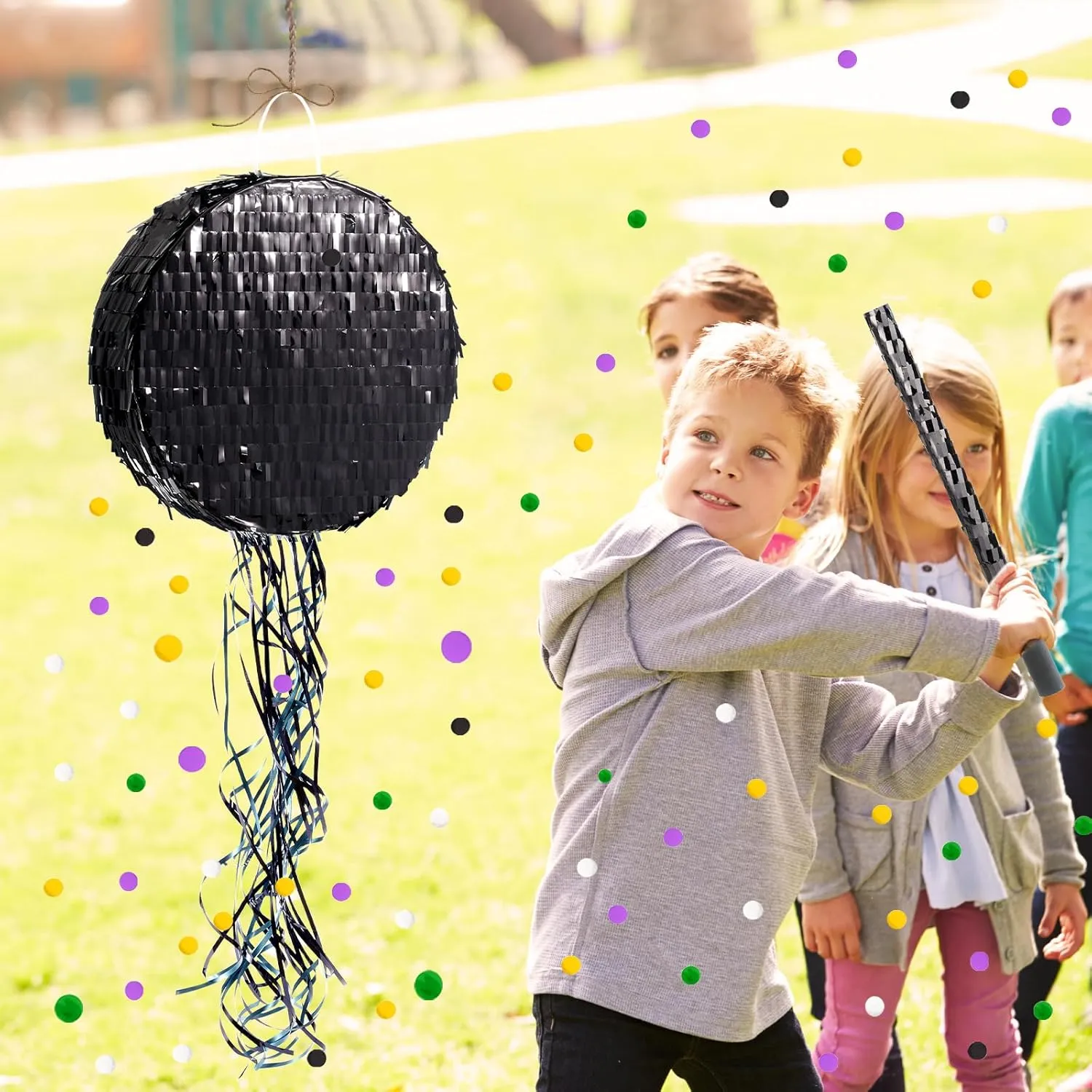 WERNNSAI Black Round Piñata for DIY - Shiny Black Moon Pinata for Kids DIY Birthday Party Disco Ball Decoration for Adult Night Party Supplies with Confetti Bat Blindfold, 12.2”x 12.2”