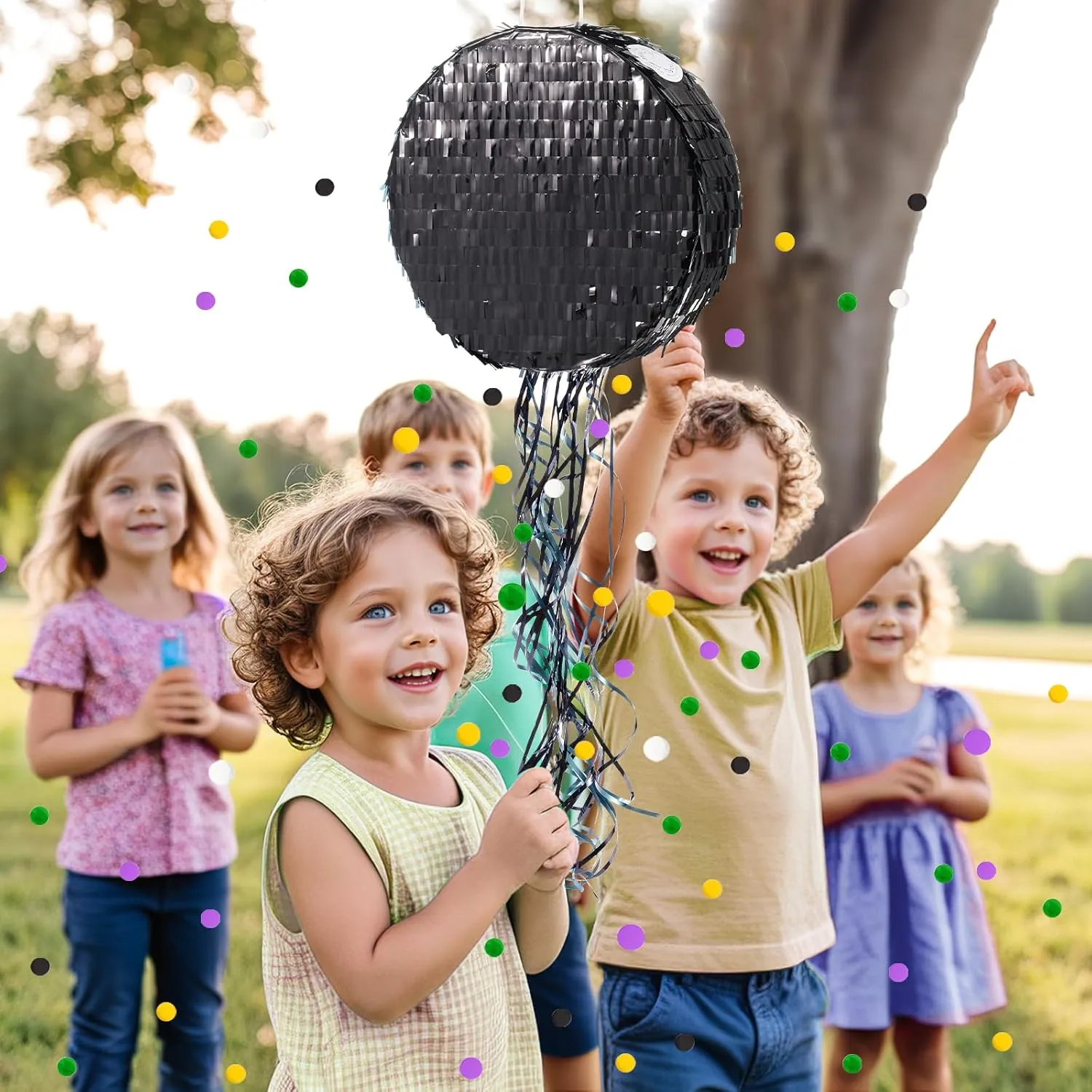 WERNNSAI Black Round Piñata for DIY - Shiny Black Moon Pinata for Kids DIY Birthday Party Disco Ball Decoration for Adult Night Party Supplies with Confetti Bat Blindfold, 12.2”x 12.2”