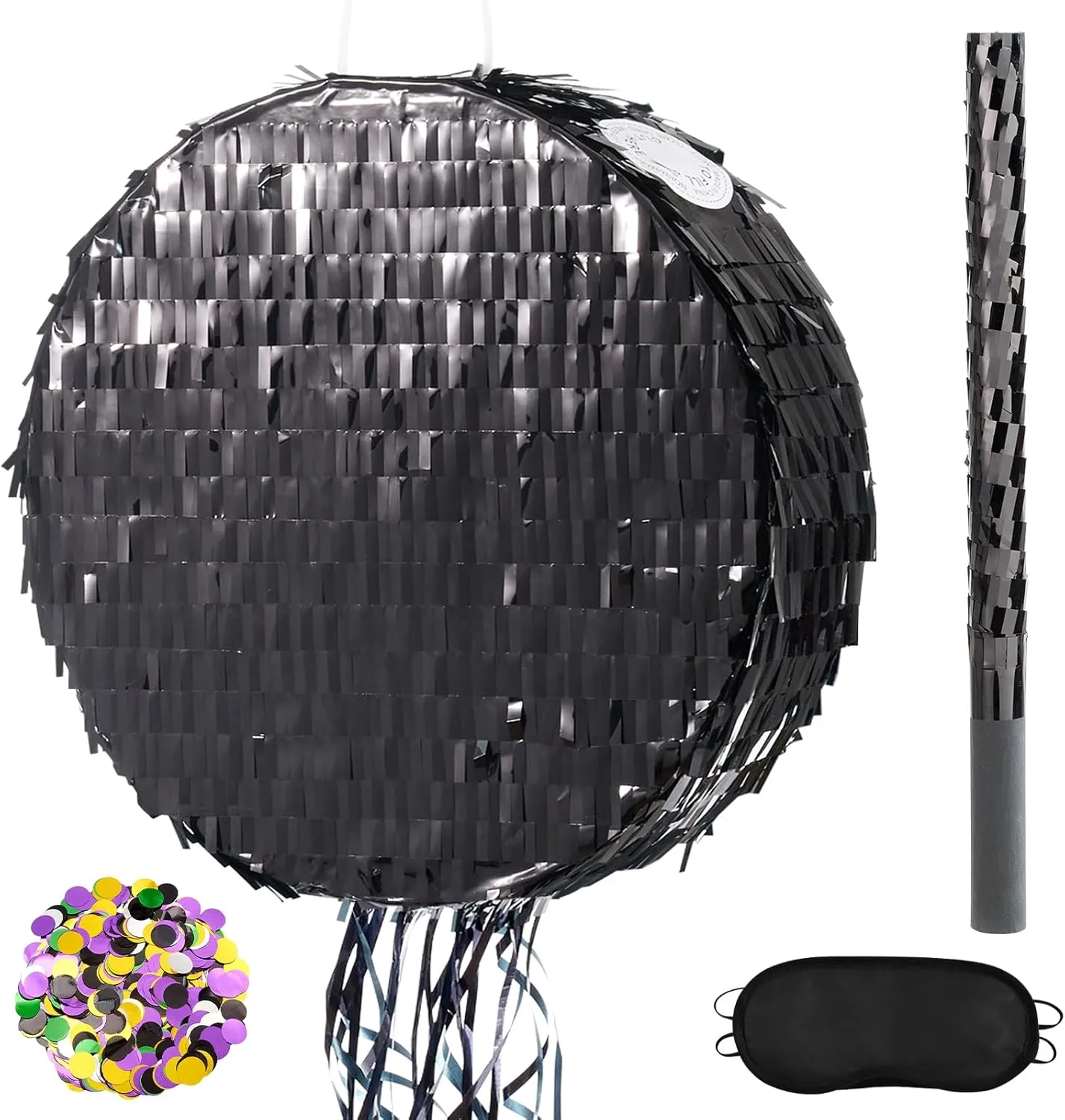 WERNNSAI Black Round Piñata for DIY - Shiny Black Moon Pinata for Kids DIY Birthday Party Disco Ball Decoration for Adult Night Party Supplies with Confetti Bat Blindfold, 12.2”x 12.2”