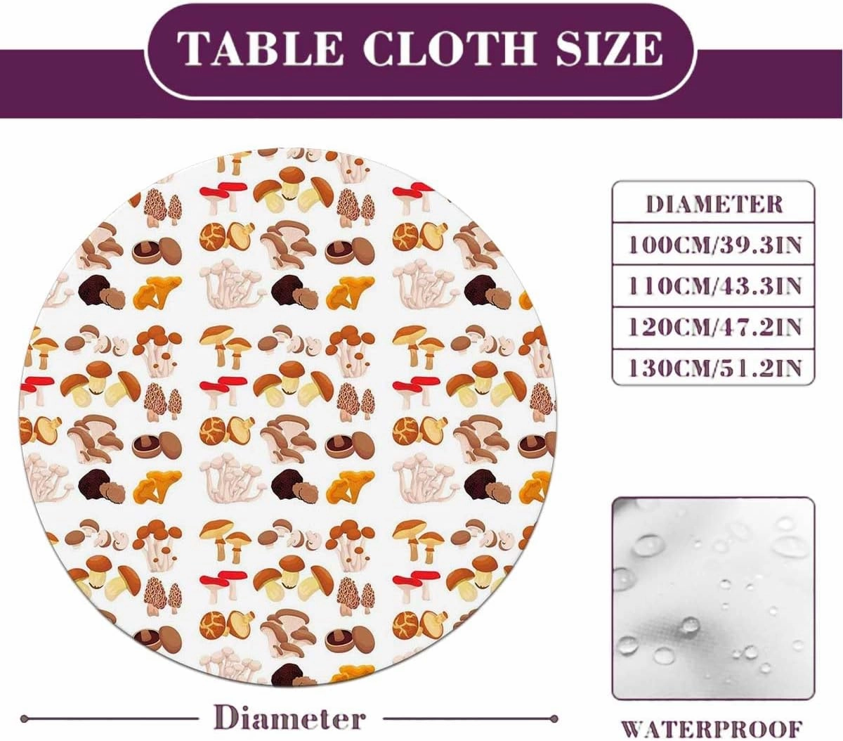 White Brown Yellow Round Fitted Table Cloth Cover Elastic ​Edged Mushroom Pattern Types Fitted Table Cloths Cover Mat Fit for 40"-43" Diameter Table Cartoon