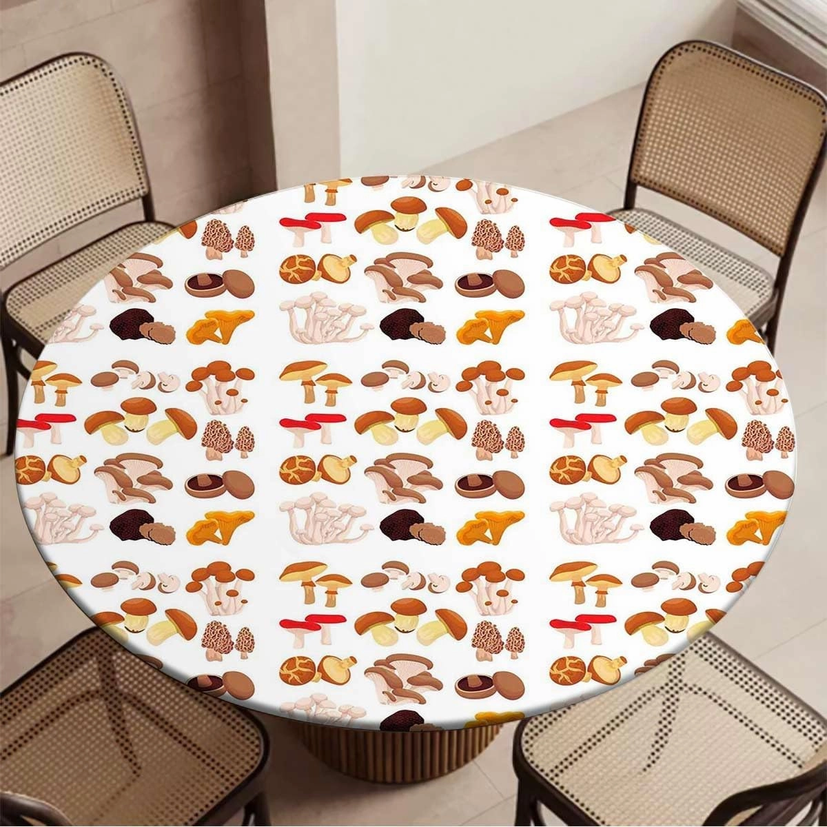 White Brown Yellow Round Fitted Table Cloth Cover Elastic ​Edged Mushroom Pattern Types Fitted Table Cloths Cover Mat Fit for 40"-43" Diameter Table Cartoon