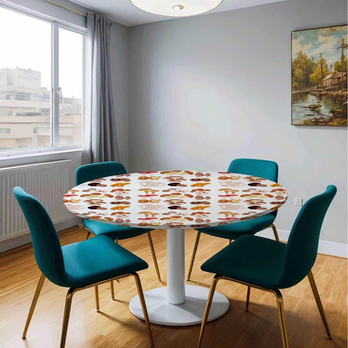 White Brown Yellow Round Fitted Table Cloth Cover Elastic ​Edged Mushroom Pattern Types Fitted Table Cloths Cover Mat Fit for 40"-43" Diameter Table Cartoon