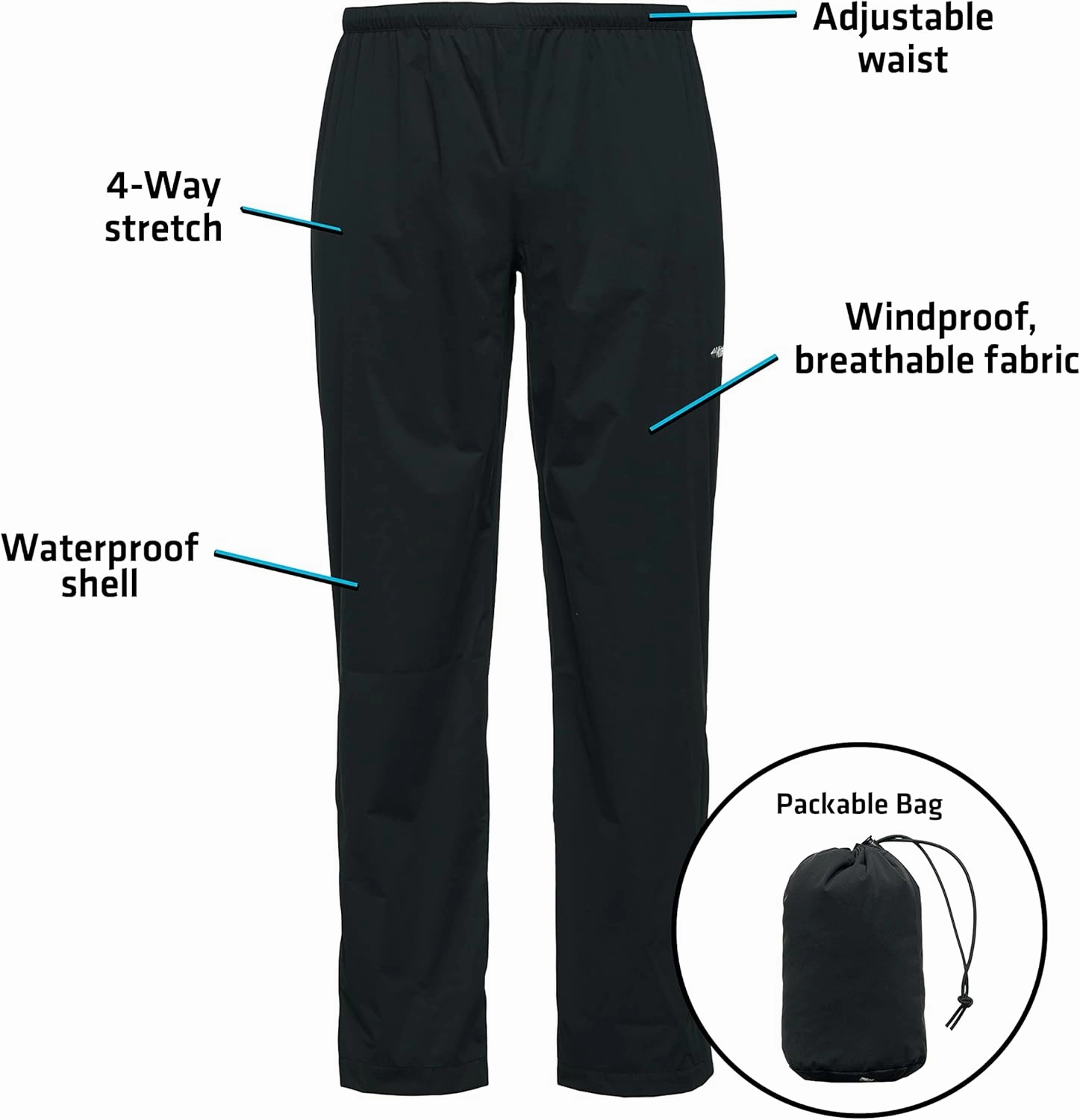 Whitewater Fishing Men’s Packable Rain Pants, Lightweight Waterproof Rain Gear