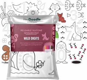 Wild Digits Sensory Mat - Reusable Silicone Activity Mat for Kids with Educational Themes & Debossed Areas - Doodle Pad Set Includes 9 Markers and a Water Dropper - Ideal Coloring Mat for Ages 3-7