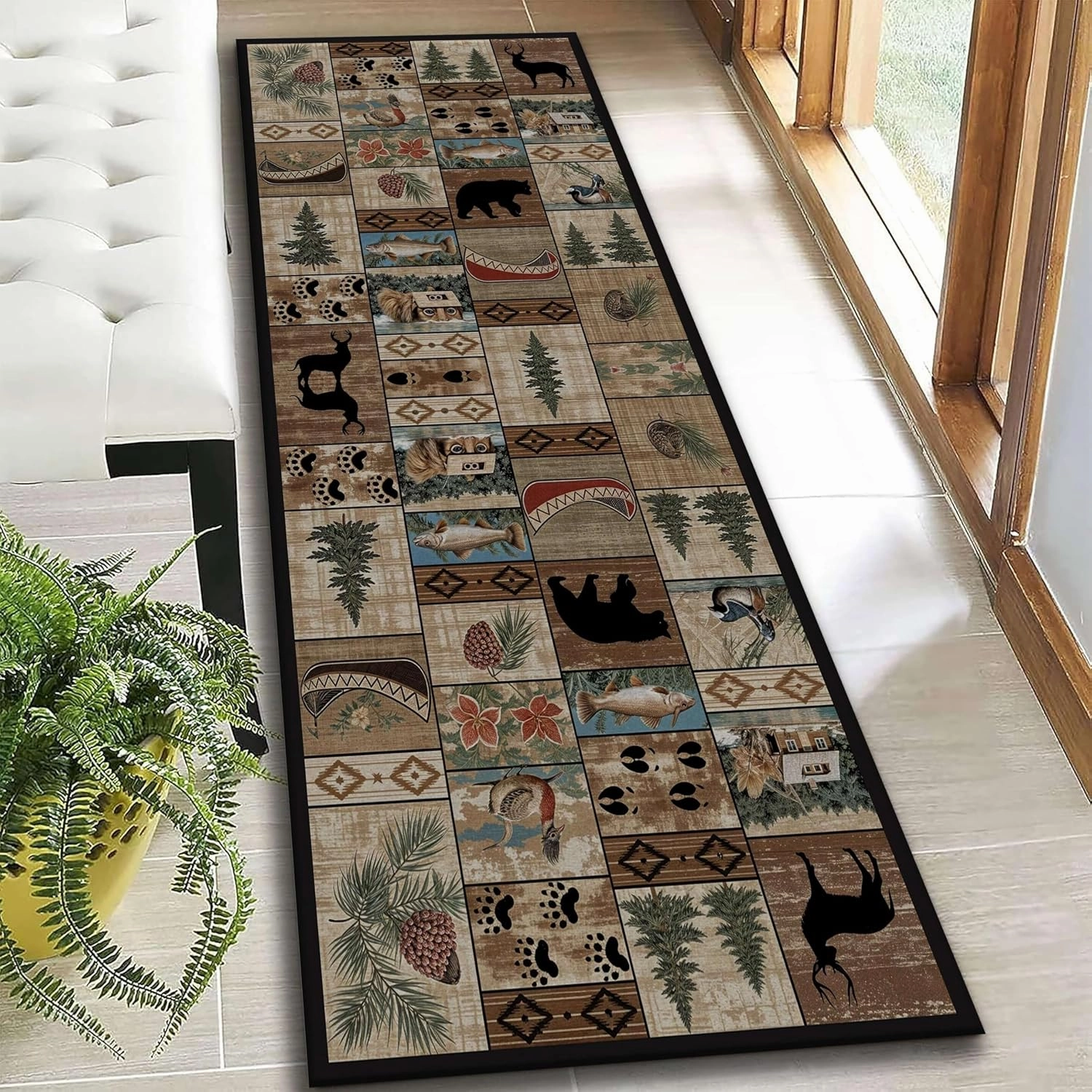 Wildlife Rustic Running Rug 2x5ft Vintage Forest Botanical Hallway Rugs Western Farmhouse Patchwork Carpet Bear Moose Fish Hazelnut Boat Maple Leaf Geometric Rug