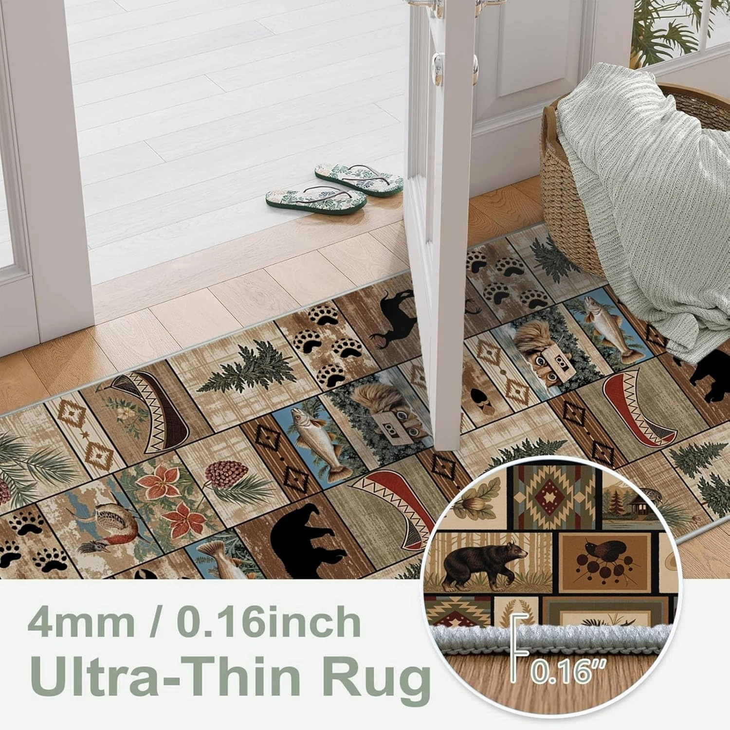 Wildlife Rustic Running Rug 2x5ft Vintage Forest Botanical Hallway Rugs Western Farmhouse Patchwork Carpet Bear Moose Fish Hazelnut Boat Maple Leaf Geometric Rug