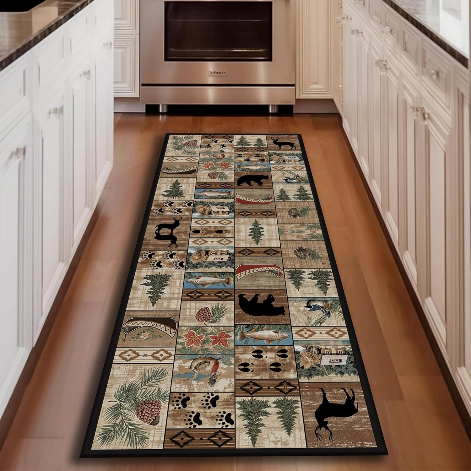 Wildlife Rustic Running Rug 2x5ft Vintage Forest Botanical Hallway Rugs Western Farmhouse Patchwork Carpet Bear Moose Fish Hazelnut Boat Maple Leaf Geometric Rug