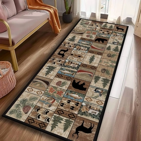Wildlife Rustic Running Rug 2x5ft Vintage Forest Botanical Hallway Rugs Western Farmhouse Patchwork Carpet Bear Moose Fish Hazelnut Boat Maple Leaf Geometric Rug