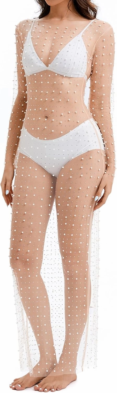 Willow Dance Women's Sheer Mesh Pearl Rhinestone Cover Up Beach Dress Swimwear Bikini Swimsuit Bathing Suit Coverups