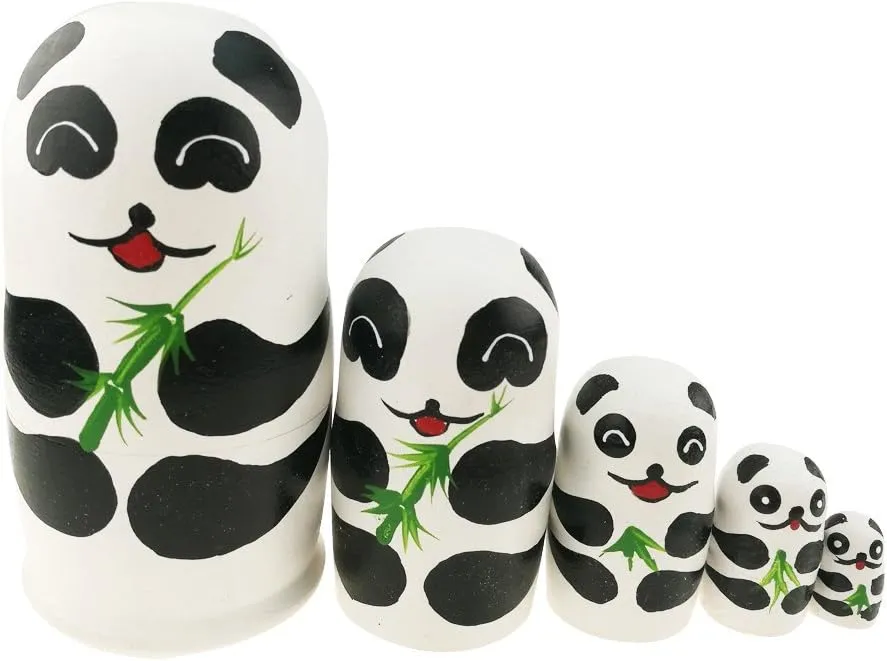 Winterworm 5.1” Cartoon Panda Russian Wooden Nesting Dolls for Kids Handmade Paints Stacking Toys Matryoshka Dolls 5 Pieces Panda Bear Party Supplies Cultural Keepsakes