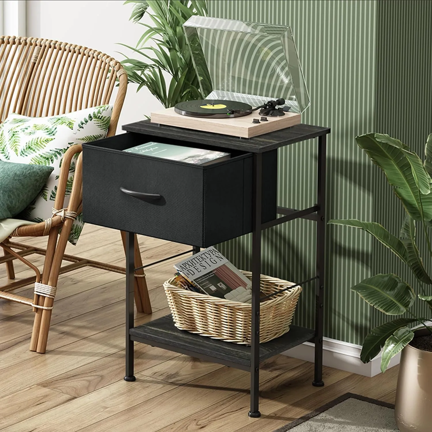 WLIVE Black Nightstand, Bedside Table with Fabric Storage Drawer, Open Wood Shelf, Night Stand for Bedroom Furniture, End Table for Dorm, Entryway, 25.03" Height
