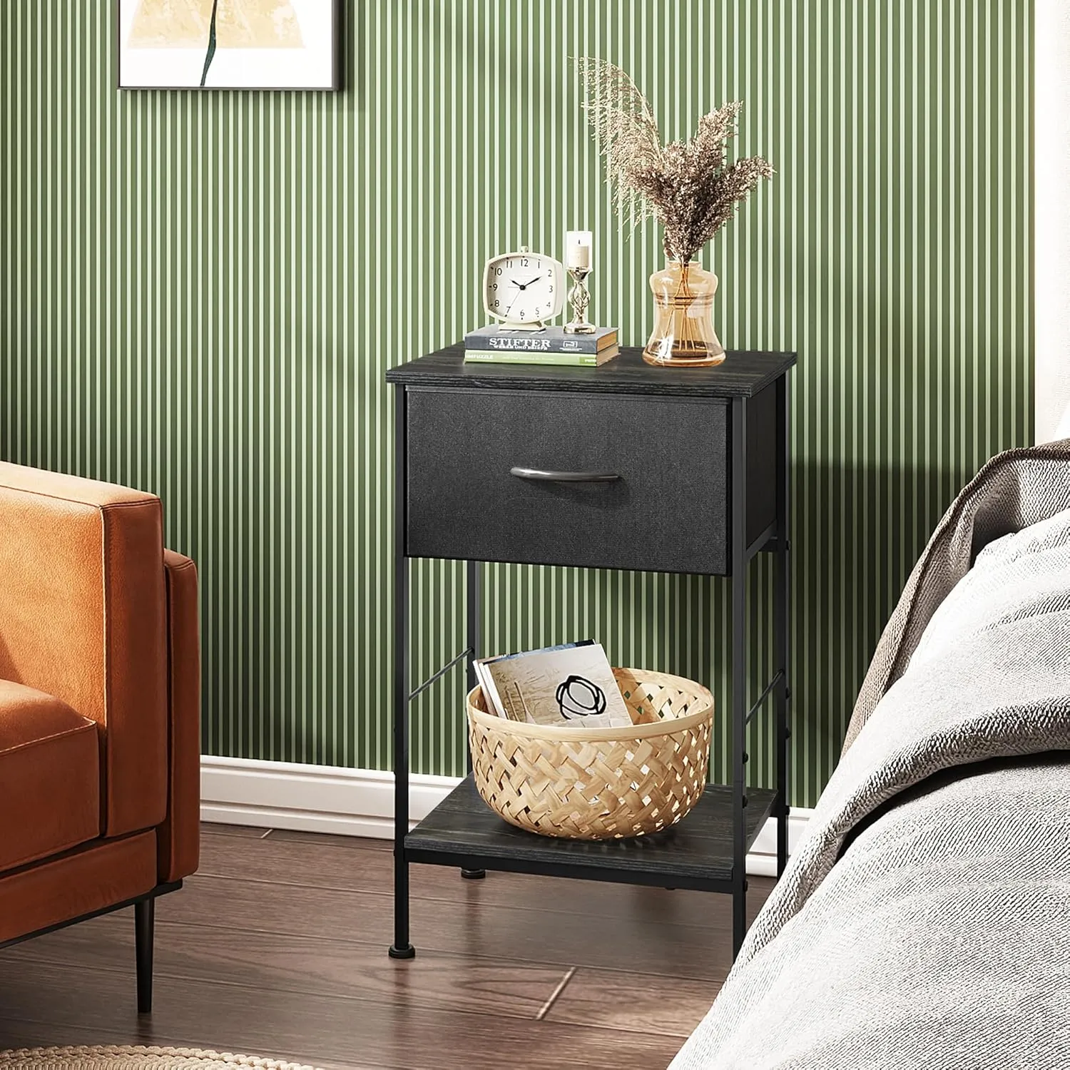 WLIVE Black Nightstand, Bedside Table with Fabric Storage Drawer, Open Wood Shelf, Night Stand for Bedroom Furniture, End Table for Dorm, Entryway, 25.03" Height
