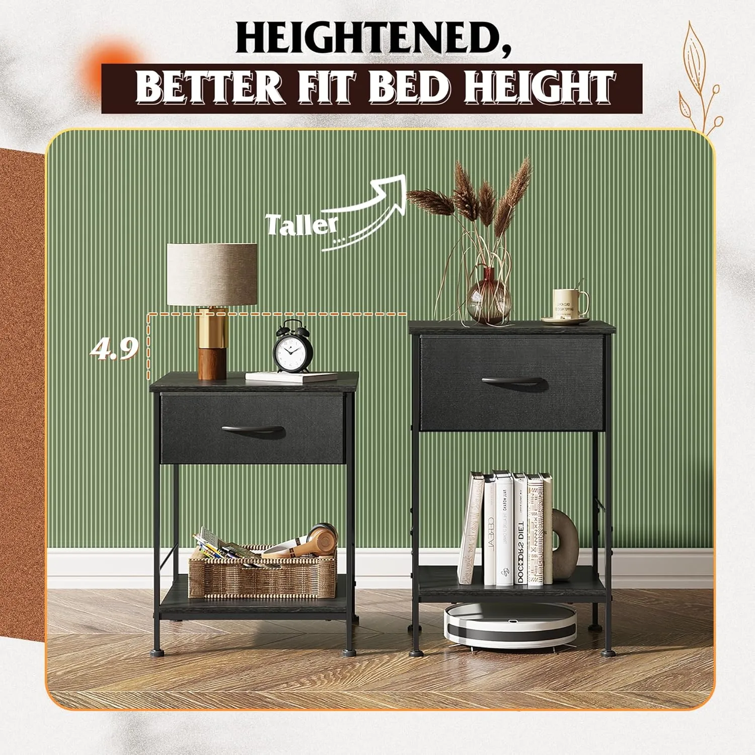 WLIVE Black Nightstand, Bedside Table with Fabric Storage Drawer, Open Wood Shelf, Night Stand for Bedroom Furniture, End Table for Dorm, Entryway, 25.03" Height