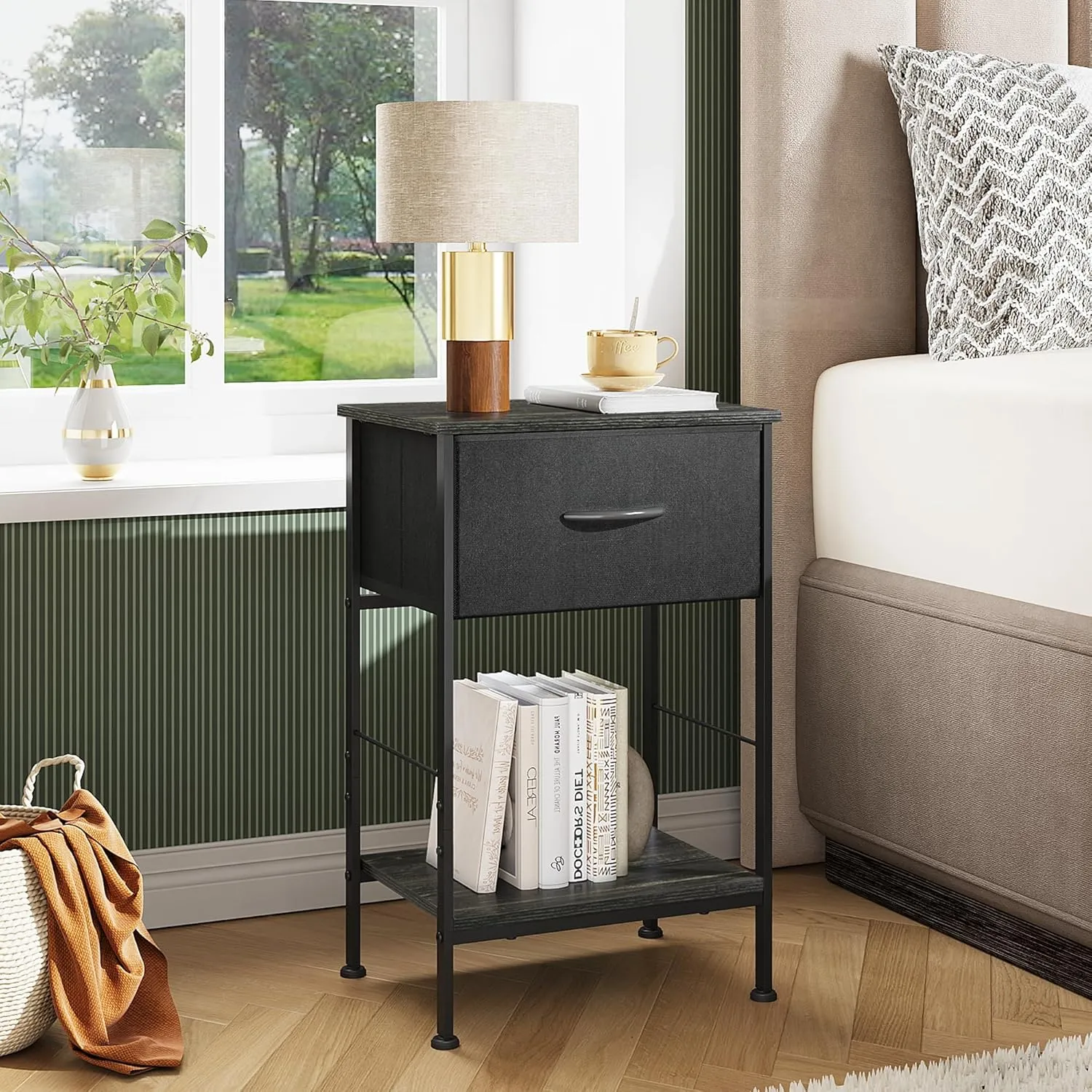 WLIVE Black Nightstand, Bedside Table with Fabric Storage Drawer, Open Wood Shelf, Night Stand for Bedroom Furniture, End Table for Dorm, Entryway, 25.03" Height