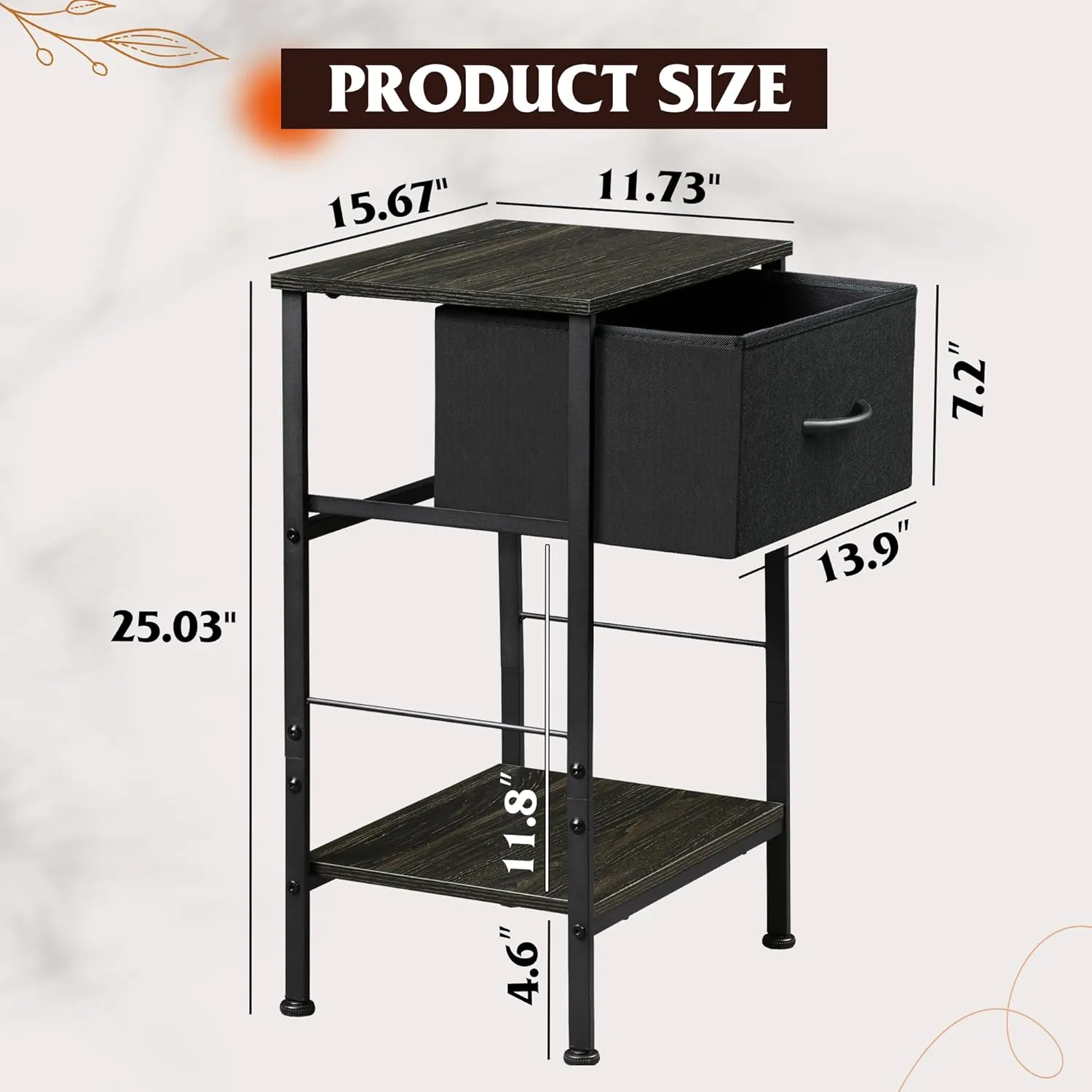 WLIVE Black Nightstand, Bedside Table with Fabric Storage Drawer, Open Wood Shelf, Night Stand for Bedroom Furniture, End Table for Dorm, Entryway, 25.03" Height