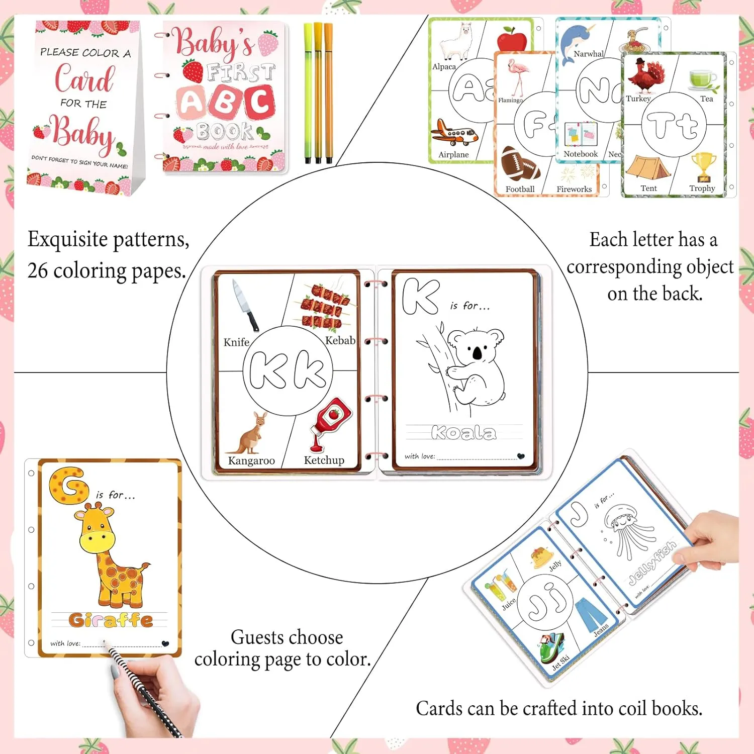 WNINK Baby's First ABC Book & Baby Shower Game – A to Z Coloring Cards with 24 Watercolor Pens, Fun Interactive Activity for Guests, Unique Keepsake Alternative to Guest Book (Strawberry Theme)