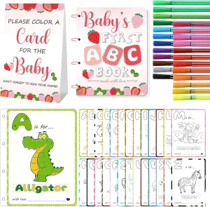 WNINK Baby's First ABC Book & Baby Shower Game – A to Z Coloring Cards with 24 Watercolor Pens, Fun Interactive Activity for Guests, Unique Keepsake Alternative to Guest Book (Strawberry Theme)
