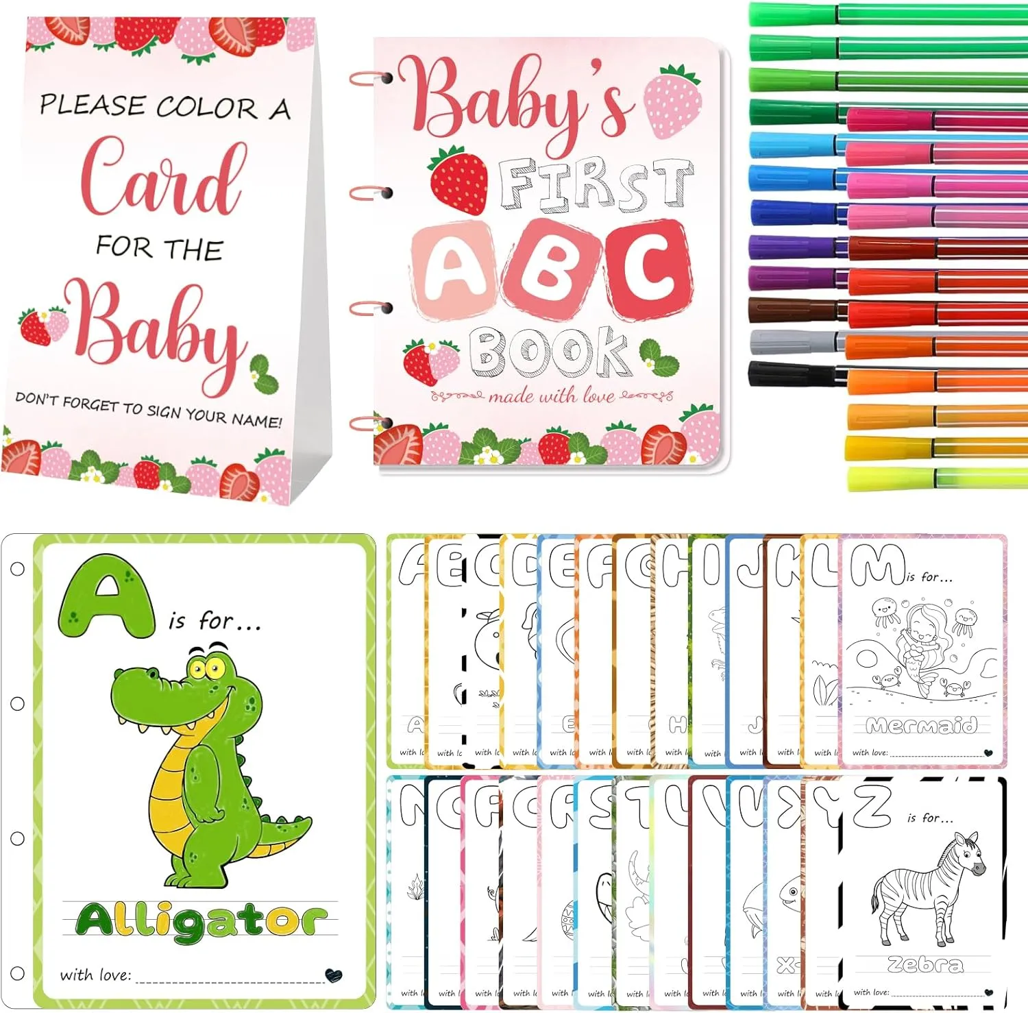 WNINK Baby's First ABC Book & Baby Shower Game – A to Z Coloring Cards with 24 Watercolor Pens, Fun Interactive Activity for Guests, Unique Keepsake Alternative to Guest Book (Strawberry Theme)