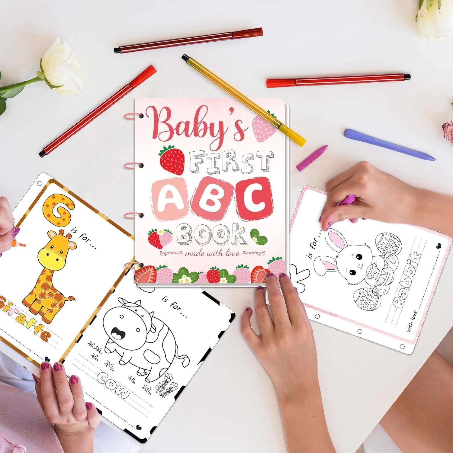 WNINK Baby's First ABC Book & Baby Shower Game – A to Z Coloring Cards with 24 Watercolor Pens, Fun Interactive Activity for Guests, Unique Keepsake Alternative to Guest Book (Strawberry Theme)