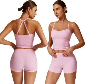 Women 2 Piece Workout Sets (2025 NEW) Yoga Outfit Open Back Tank Top High Waisted Shorts Gym Sets Tracksuits