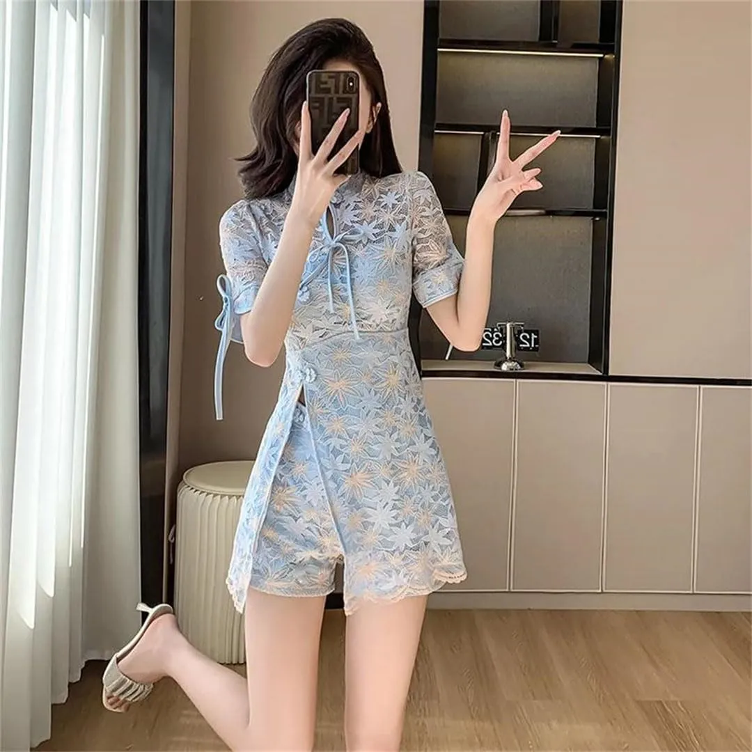 Women Chinese Qipao Improves Retro Dress And Shorts Two Piece Set