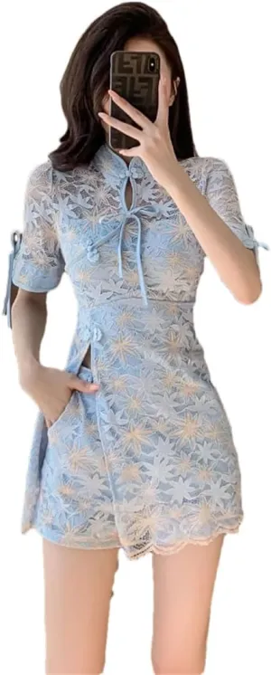 Women Chinese Qipao Improves Retro Dress And Shorts Two Piece Set