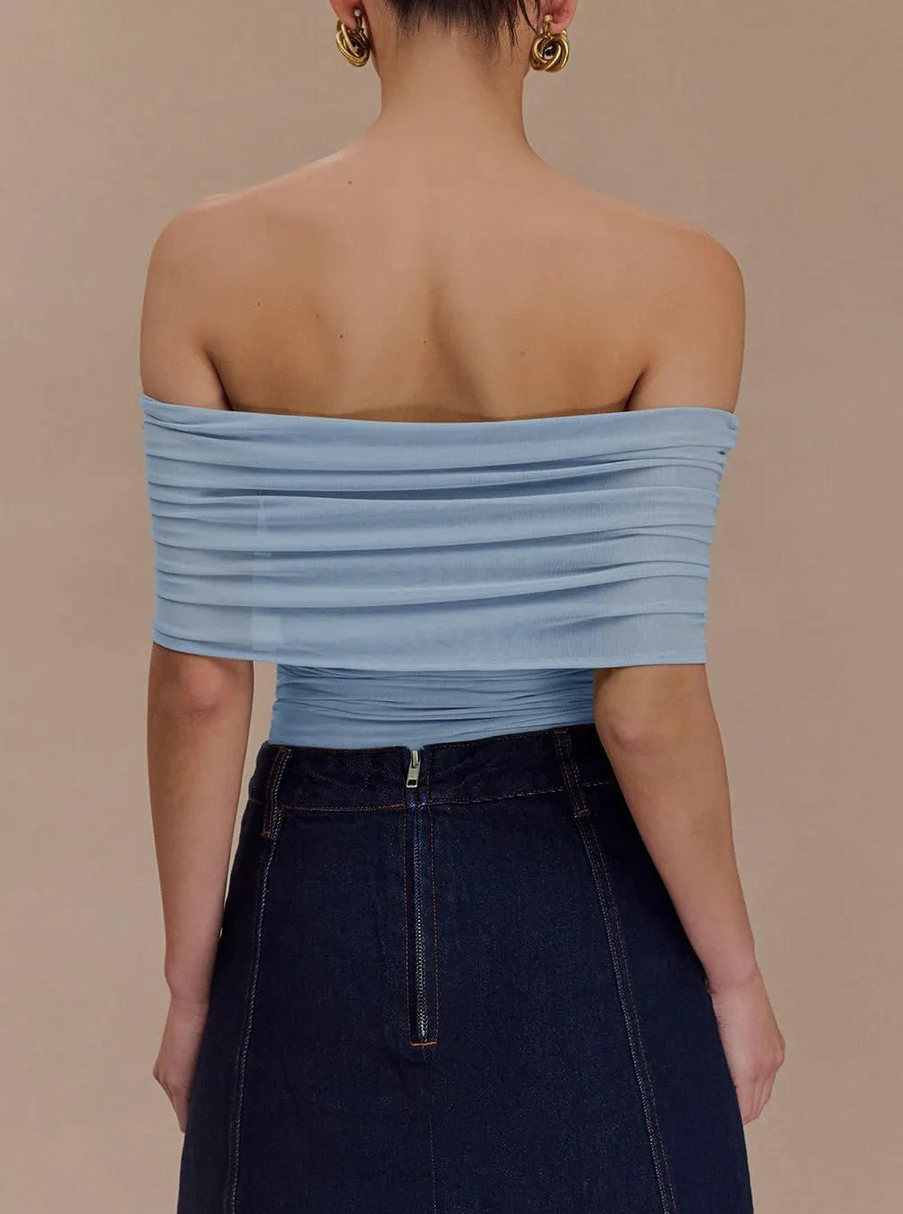 Women Sexy Mesh Off The Shoulder Short Sleeve Backless Ruched Thong Bodysuits Tops