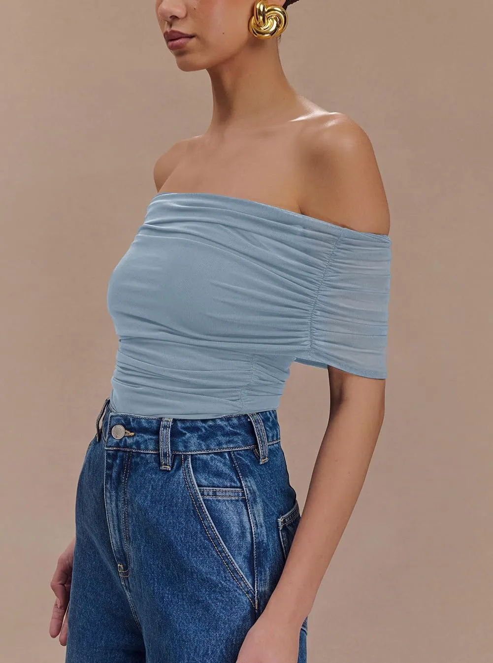Women Sexy Mesh Off The Shoulder Short Sleeve Backless Ruched Thong Bodysuits Tops