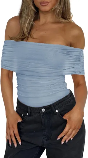 Women Sexy Mesh Off The Shoulder Short Sleeve Backless Ruched Thong Bodysuits Tops
