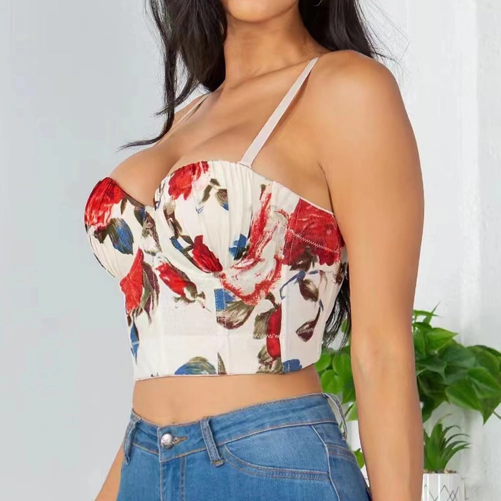 Women's Floral Print Sleeveless Spaghetti Strap Bustier Corset Crop Top Padded Push Up Going Out Tops