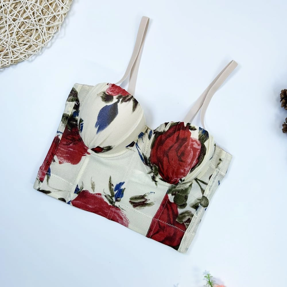 Women's Floral Print Sleeveless Spaghetti Strap Bustier Corset Crop Top Padded Push Up Going Out Tops
