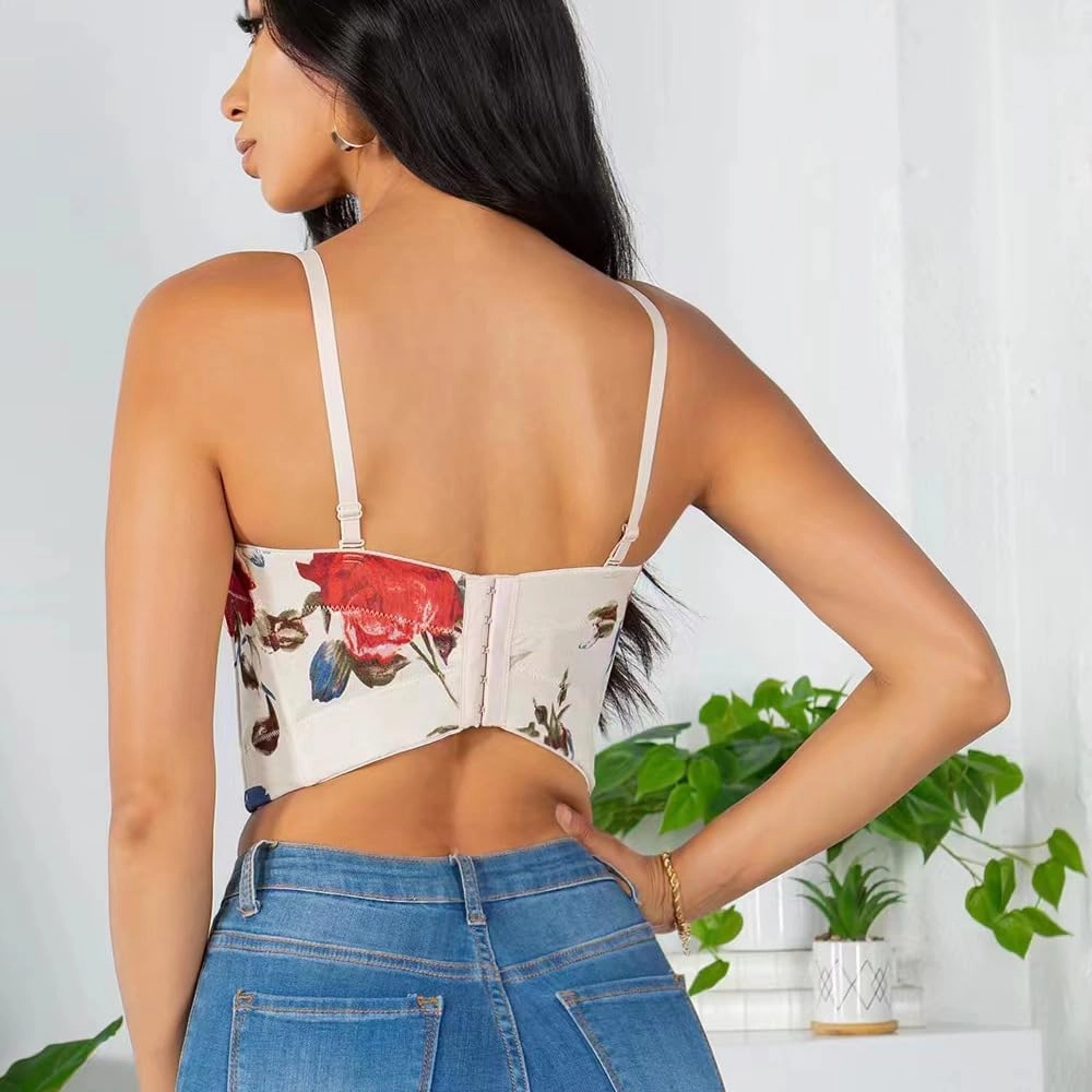 Women's Floral Print Sleeveless Spaghetti Strap Bustier Corset Crop Top Padded Push Up Going Out Tops