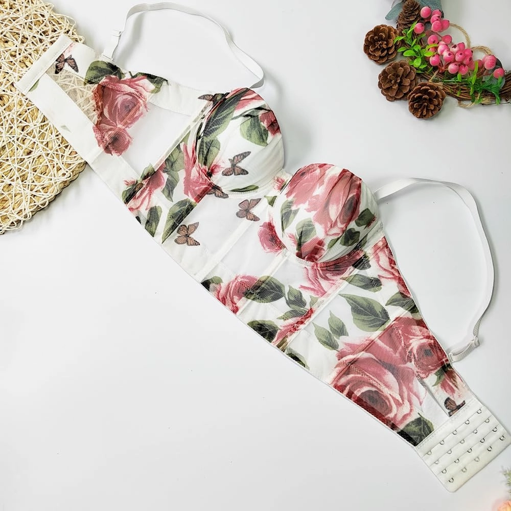Women's Floral Print Sleeveless Spaghetti Strap Bustier Corset Crop Top Padded Push Up Going Out Tops