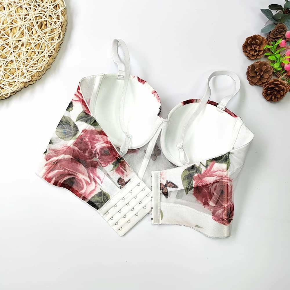 Women's Floral Print Sleeveless Spaghetti Strap Bustier Corset Crop Top Padded Push Up Going Out Tops