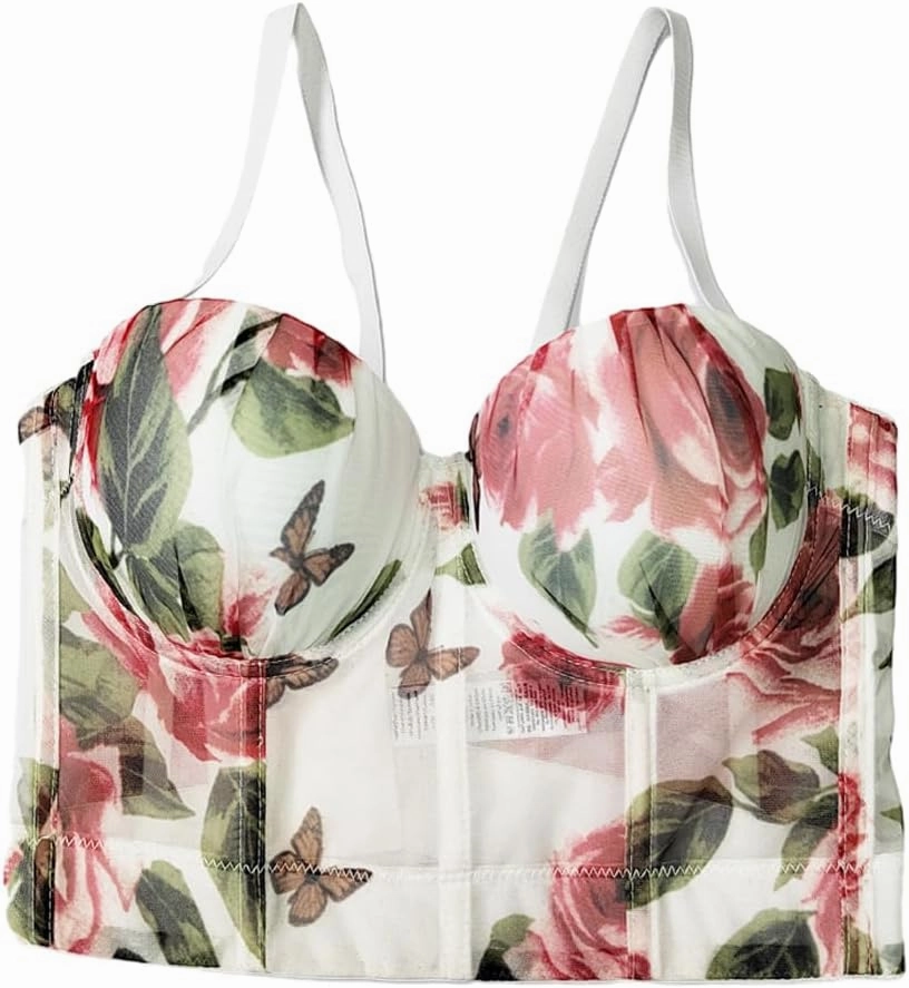 Women's Floral Print Sleeveless Spaghetti Strap Bustier Corset Crop Top Padded Push Up Going Out Tops
