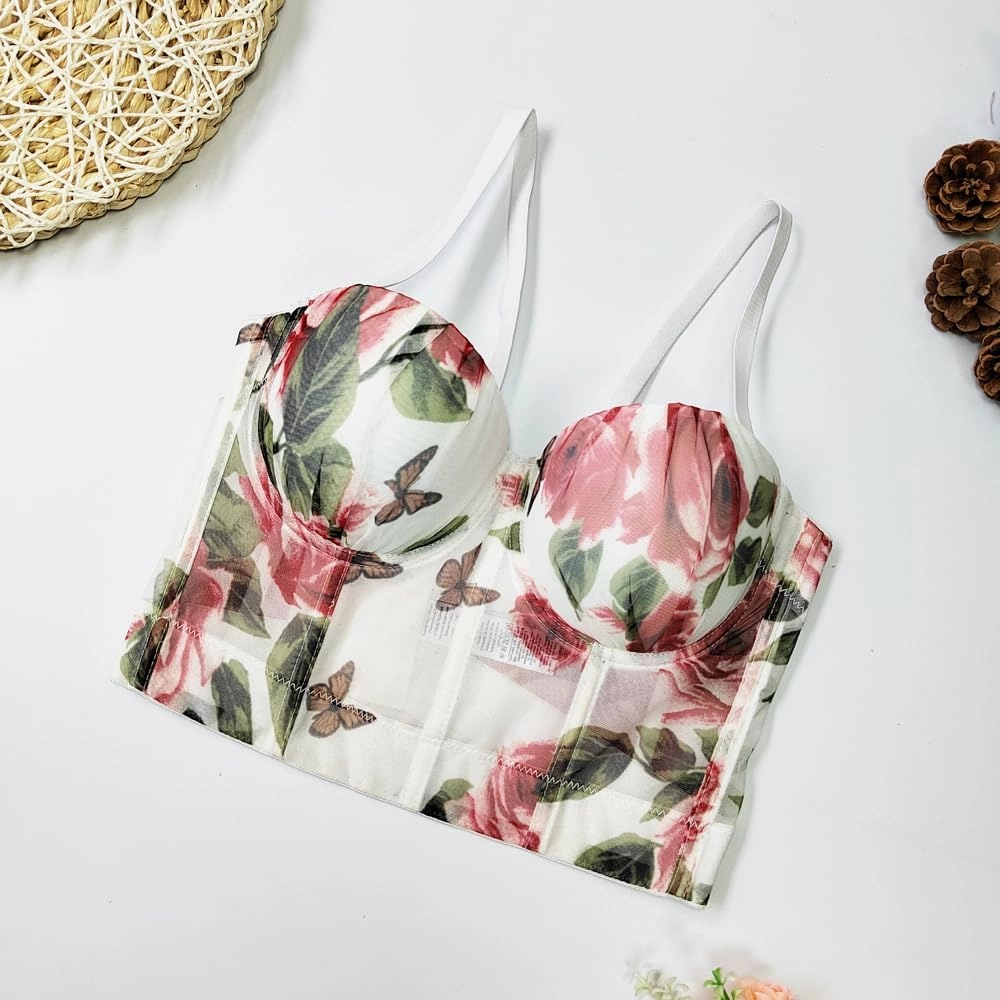 Women's Floral Print Sleeveless Spaghetti Strap Bustier Corset Crop Top Padded Push Up Going Out Tops