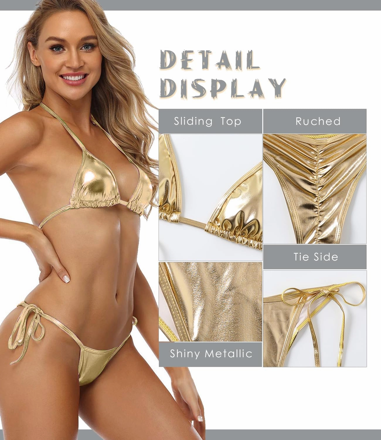 Women's Liquid Metallic Rainbow Bikini Sets Shiny String Padded Triangle 2 Pieces Swimsuit Set