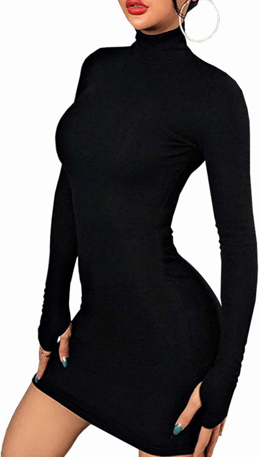 Women's Solid Long Sleeve Fleece Dress Mock Neck Basic Ribbed Slim Fit Casual Bodycon Mini Dresses