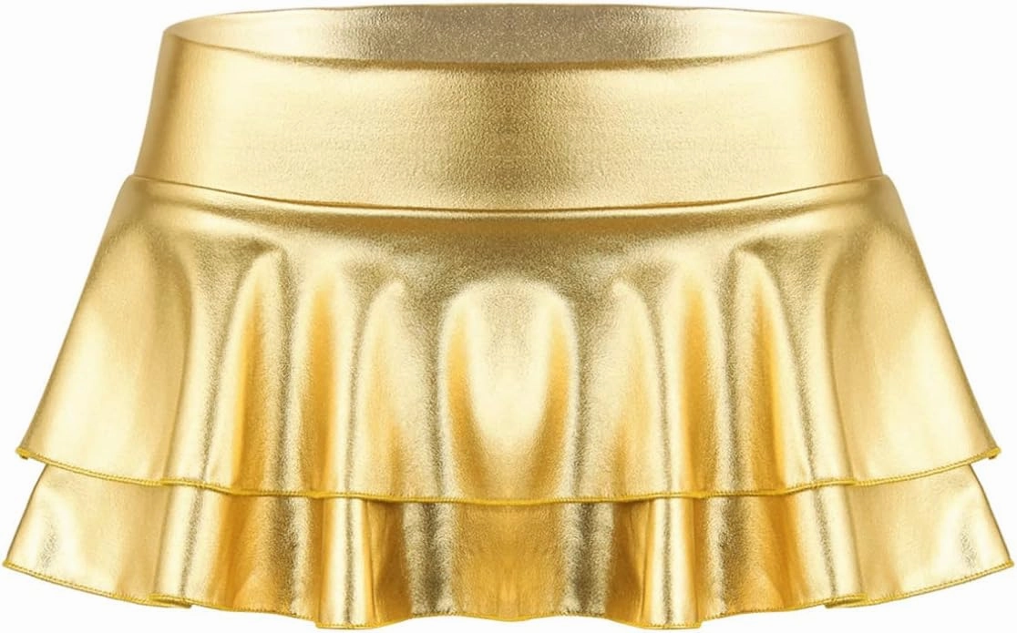 Women's Solid Novelty Metallic Pleated Mini Skirt Double Layer Tutu Flare Dance Dresses