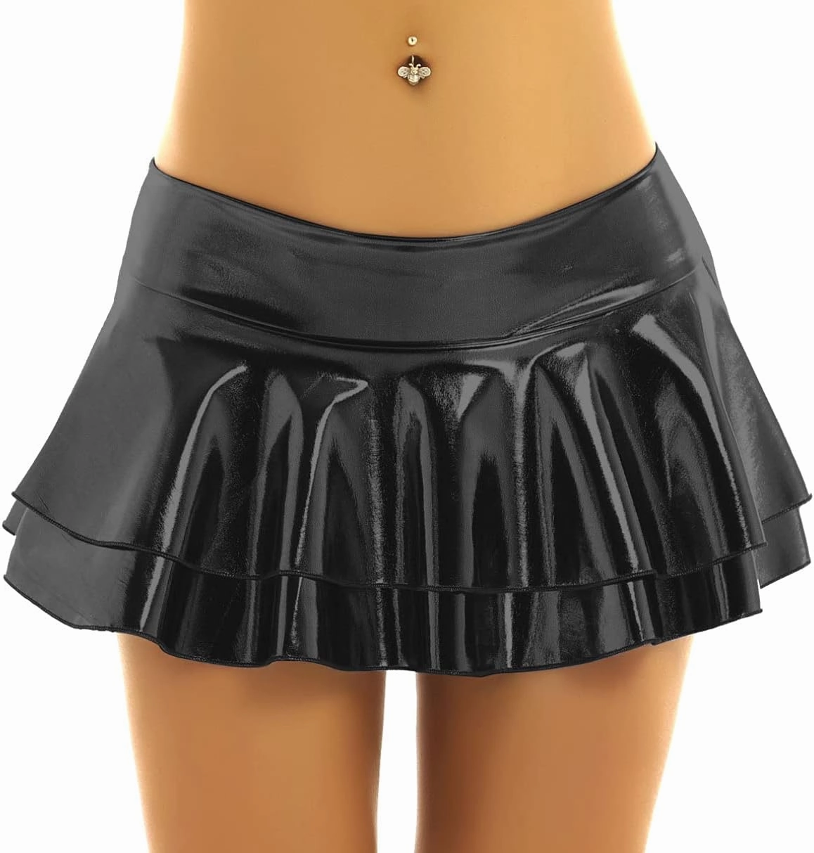 Women's Solid Novelty Metallic Pleated Mini Skirt Double Layer Tutu Flare Dance Dresses